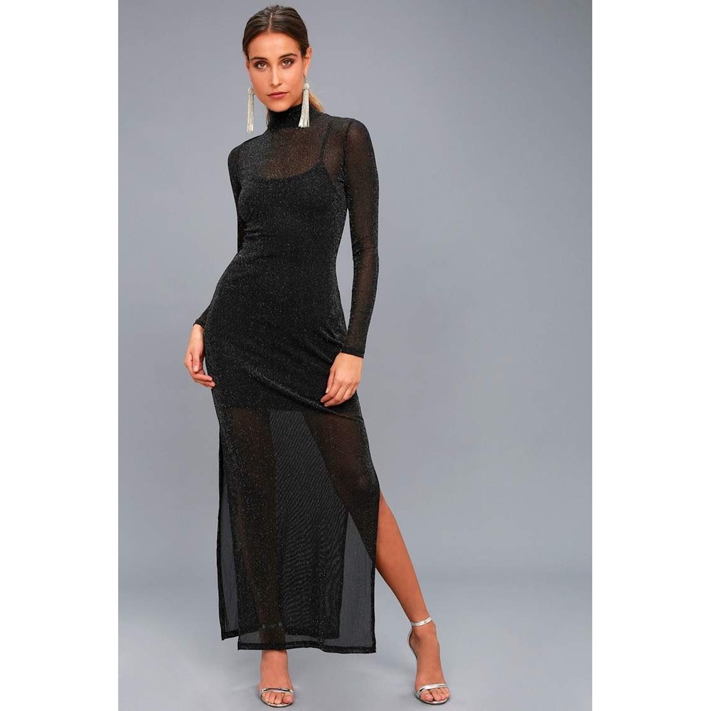 Minkpink Silver Linings Maxi Dress Black Metallic Sheer Mesh Mock Neck  Small